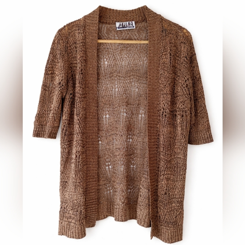 212 New York Open Knit Short Sleeve Cardigan Brown Women's Small‎